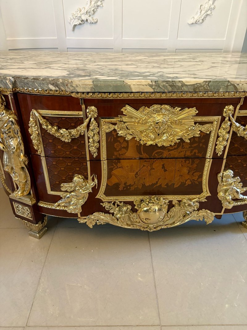 Antique Rare Fine Pair of French Early 20th Century Mahogany, Fruitwood Marquetry and Gilt Bronze Mounted Commodes In the Louis XVI Style, after the Original By Jean-Henri Riesener - Image 15